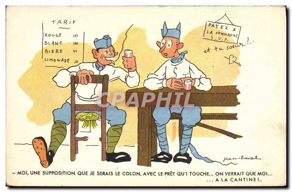 Deux soldats en cantine — caricature — Jean Cherval