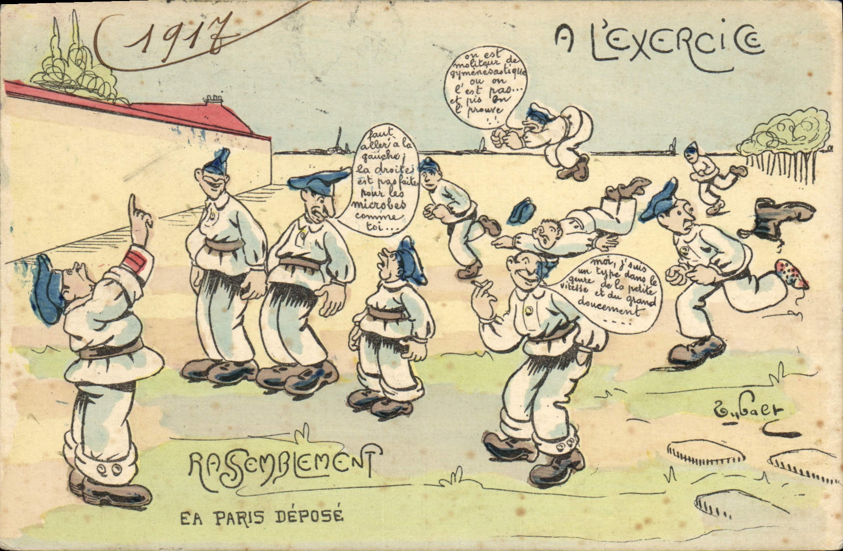 Soldats en exercice — caricature de la gymnastique militaire — Éditeur : Eugène B. (signé) — Série : Rassemblement, EA Paris déposé