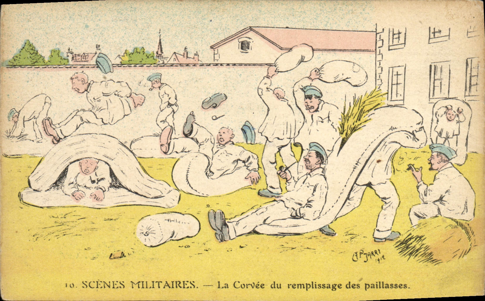 Scènes militaires — La Corvée du remplissage des paillasses — CIPJARRI 1914