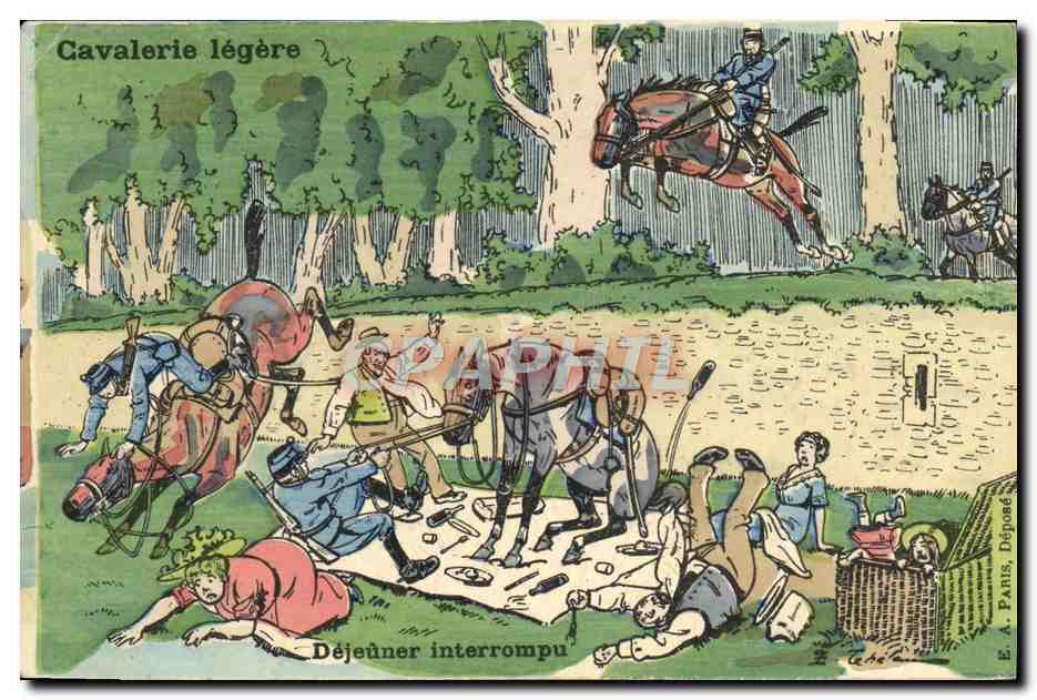 CPA Fantaisie Militaria Cavalerie legere Cheval Dejeuner interrompu 