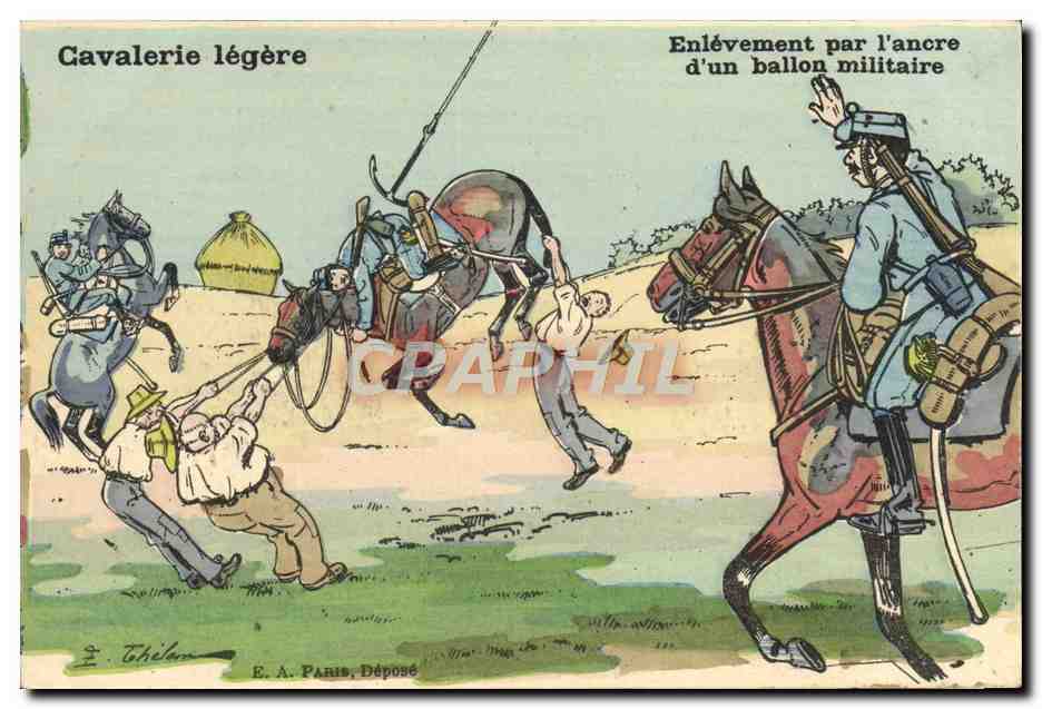 CPA Fantaisie Militaria Cavalerie legere Enlevement par l'ancre d'un ballon militaire Cheval