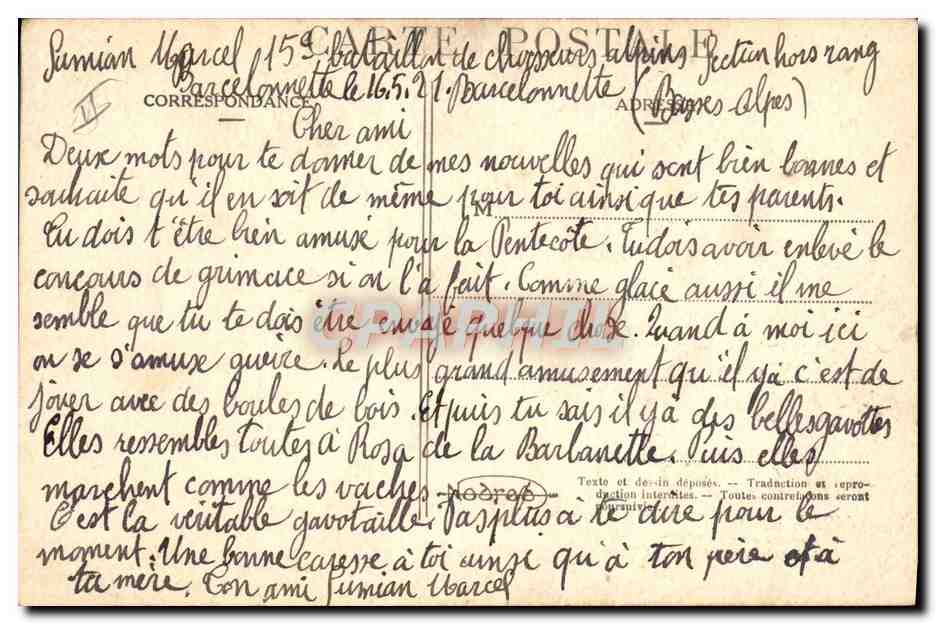 A LA CASERNE. (Ce que voit un bleu) — Service en Campagne — Les poires et l'Adjudant — A.P. JARRY — Verso