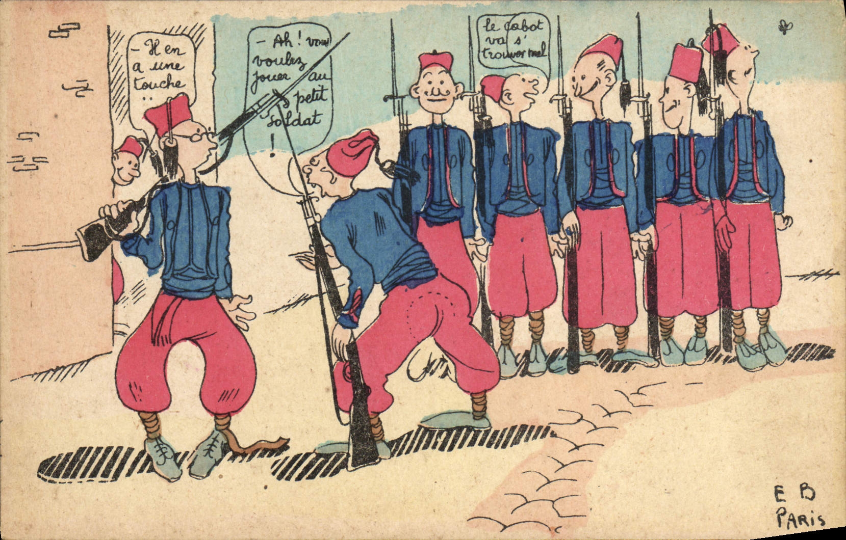 Soldats en tenue d'Algérie — caricature humoristique — E.B. Paris