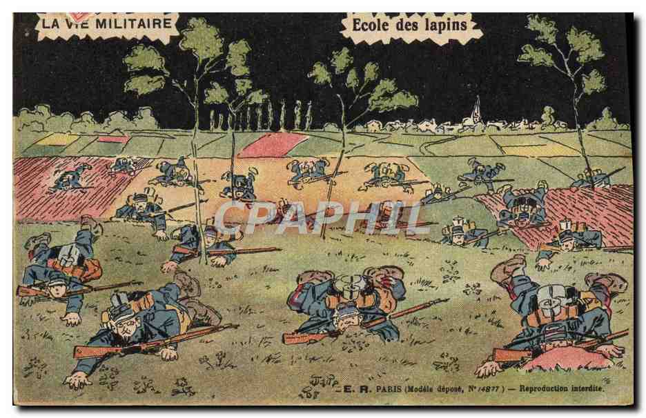 École des lapins — La vie militaire — E.R. PARIS (Modèle déposé, N° 4877)