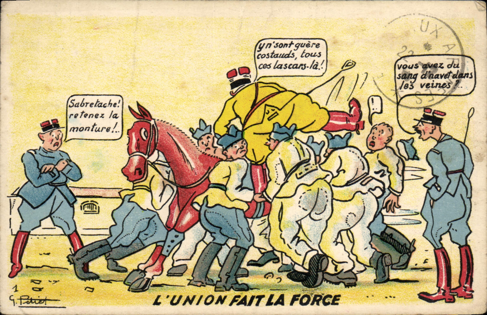 Soldats et cheval — caricature politique — G. Petiet, n°1