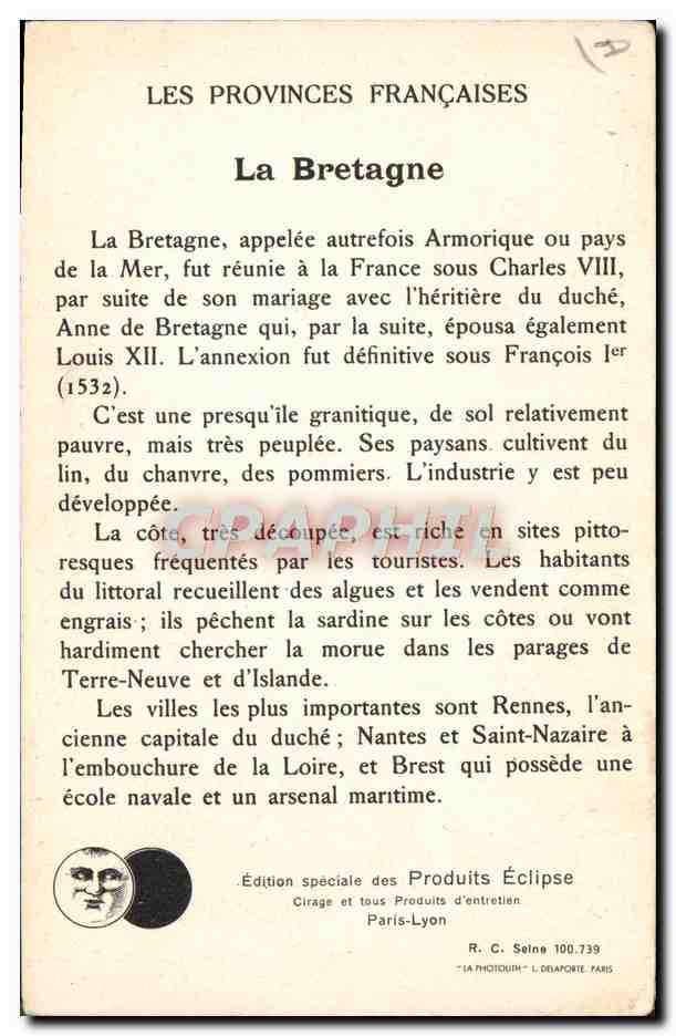 CPA Folklore Provinces Francaises Bretagne  — Verso