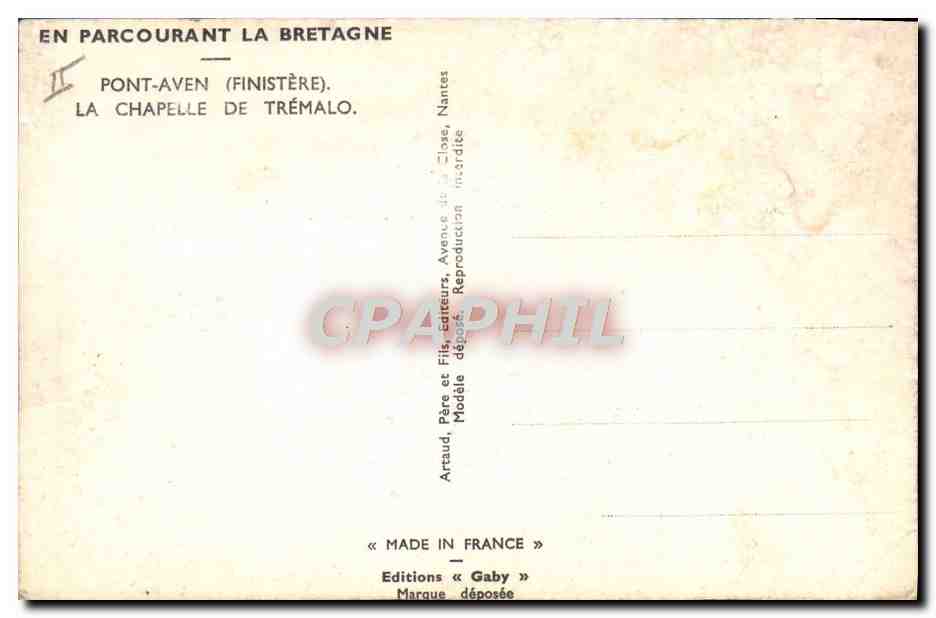 CPA Folklore Bretagne Pont-Aven La chapelle de Tremalo — Rückseite