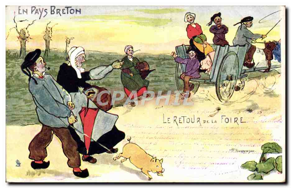 CPA Folklore Pays breton Le retour de la foire Cochon Porc 