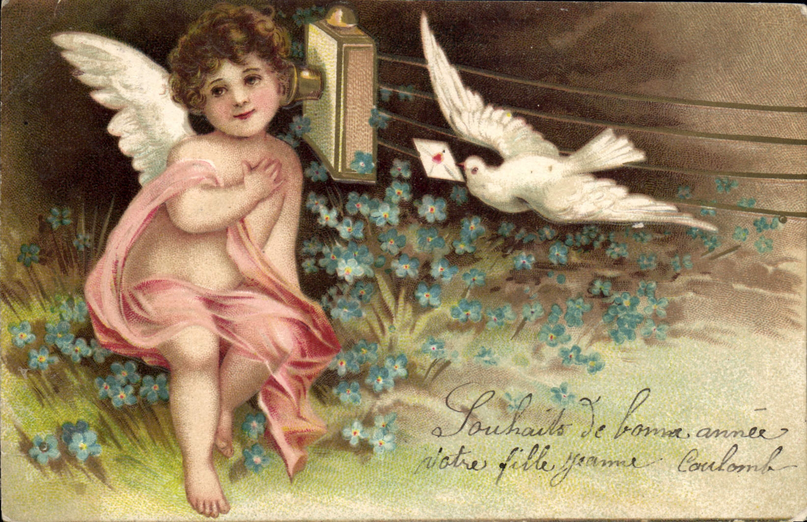Cupido y paloma — deseo de buen año — editor no identificado