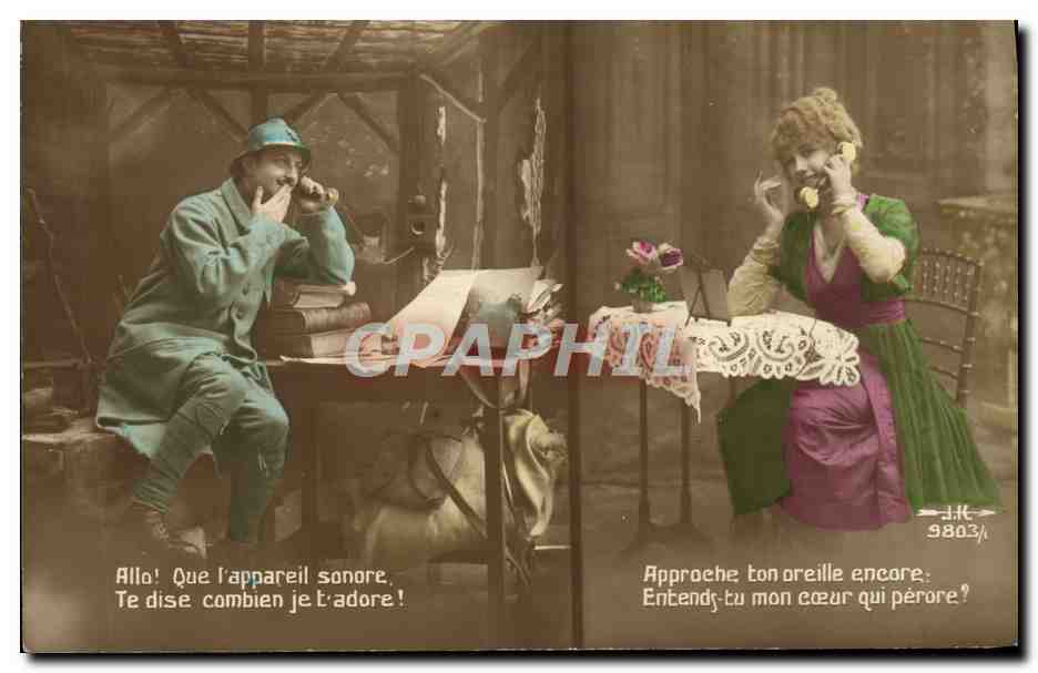 CPA Fantaisie Telephone Femme Militaria Soldat 