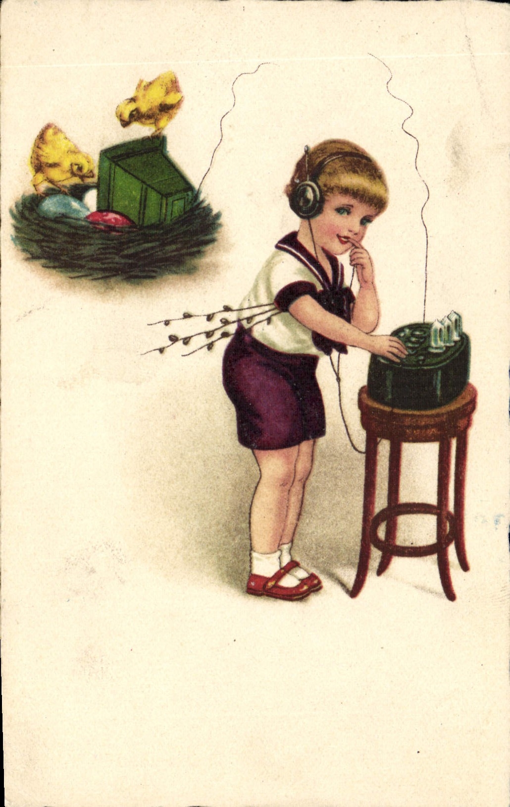 Enfant avec téléphone à écouteurs — oiseaux et œufs — éditeur Amag, n° 0235