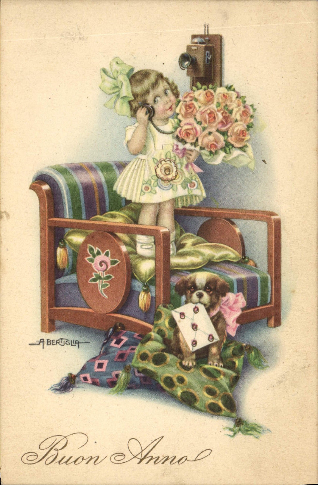Fille avec bouquet de roses et chien — A. Bertjglla — Buon Anno