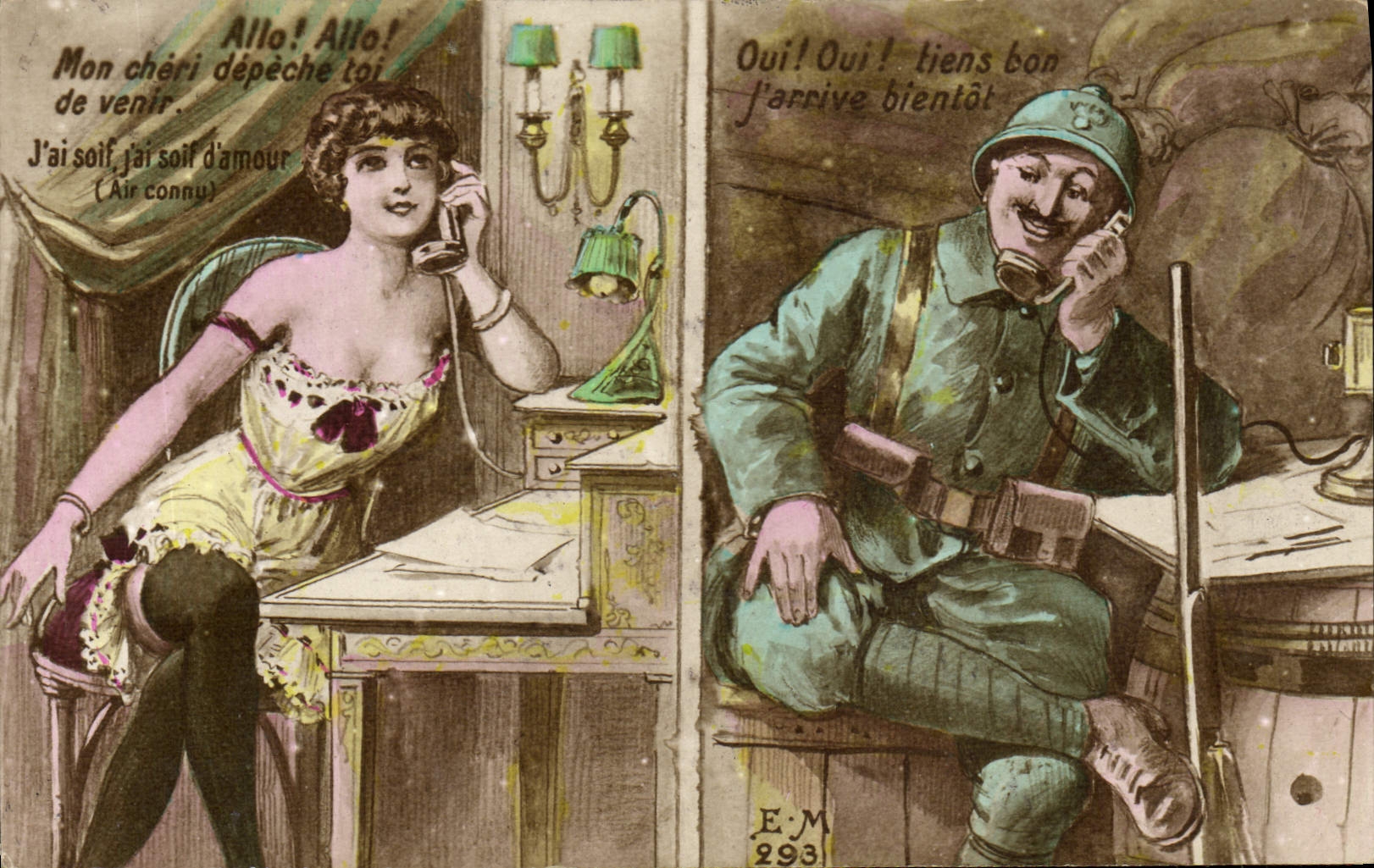 CPA Fantaisie Telephone Femme Soldat Militaria 