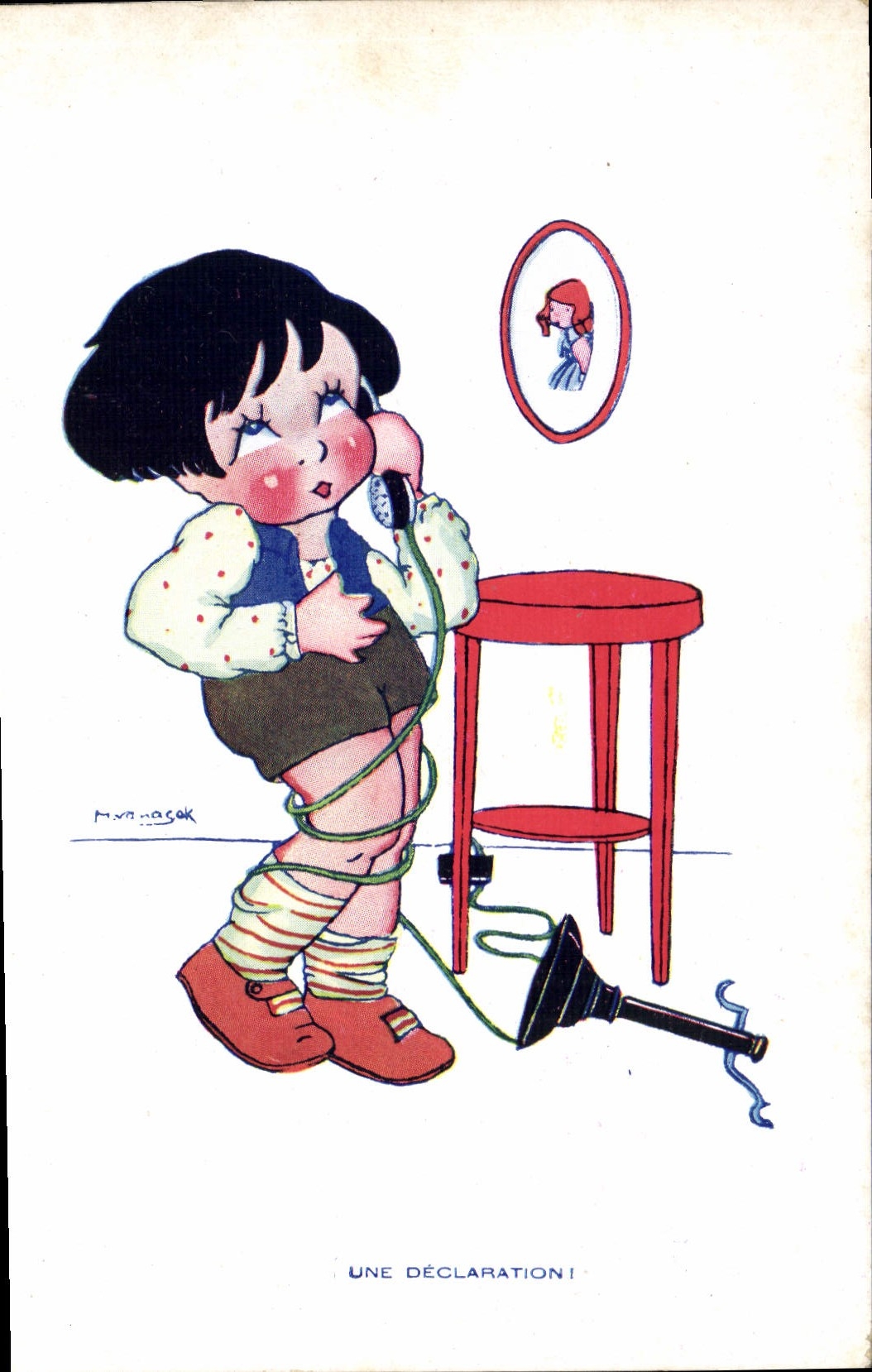 Enfant au téléphone — Une déclaration ! — dessin de M. Manasok