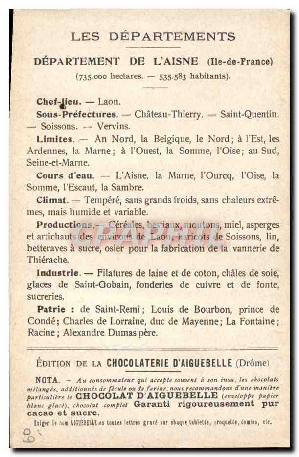 Die Departemente: AISNE — Ausgabe der CHOCOLATERIE D'AIGUEBELLE — Rückseite