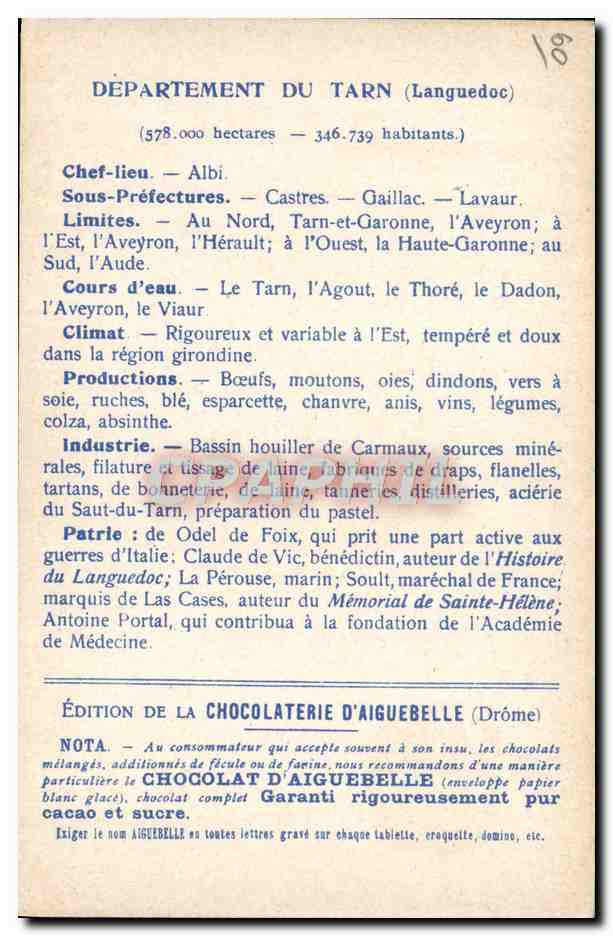 CPA Carte geographique Chocolaterie d'Aiguebelle Tarn — Rückseite