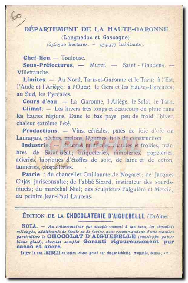 CPA Carte geographique Chocolaterie d'Aiguebelle Haute-Garonne  — Rückseite