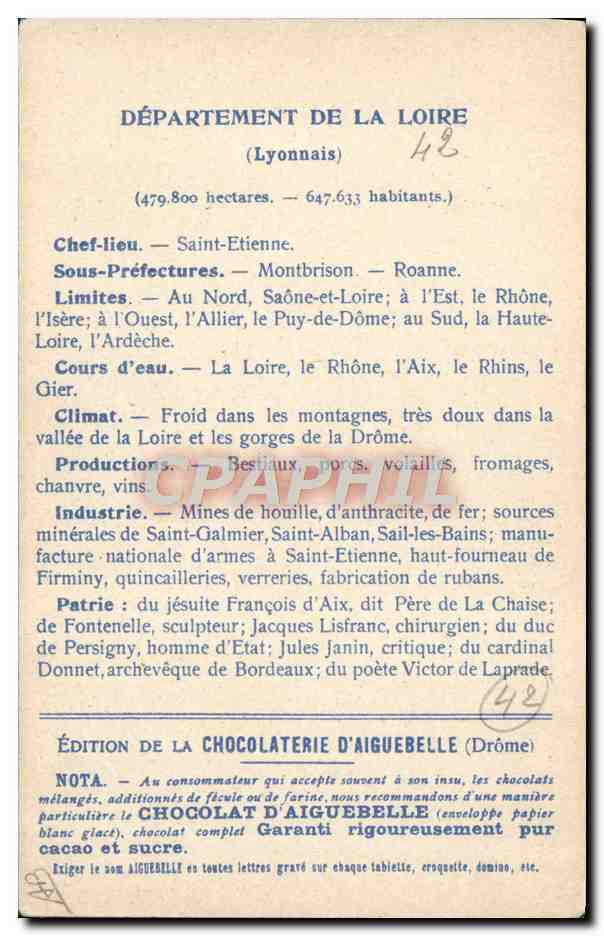 CPA Carte geographique Chocolaterie d'Aiguebelle Loire — Rückseite