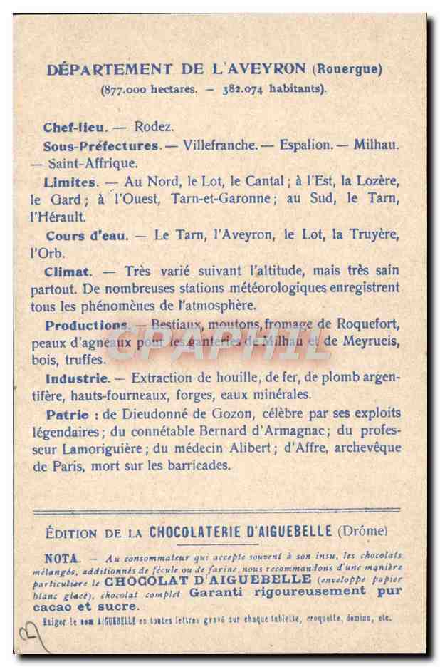 CPA Carte geographique Chocolaterie d'Aiguebelle Aveyron — Rückseite