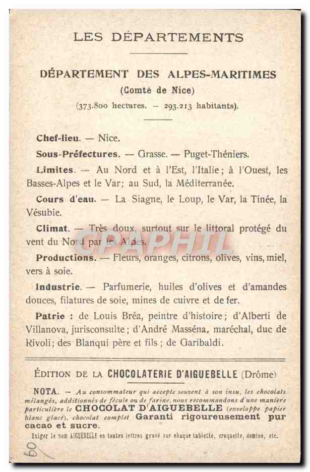 CPA Carte geographique Chocolaterie d'Aiguebelle Alpes-Maritimes — Rückseite