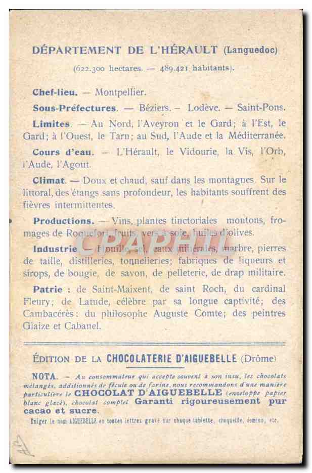 CPA Carte geographique Chocolaterie d'Aiguebelle Herault — Rückseite