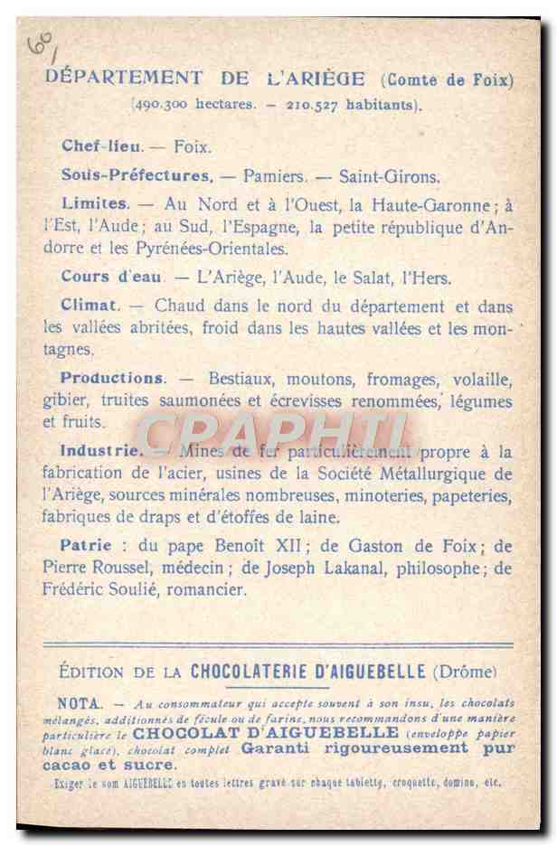 CPA Carte geographique Chocolaterie d'Aiguebelle Ariege — Rückseite