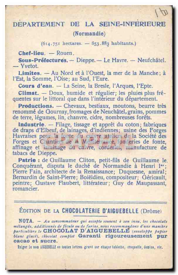 CPA Carte geographique Chocolaterie d'Aiguebelle Seine-Inferieure — Rückseite