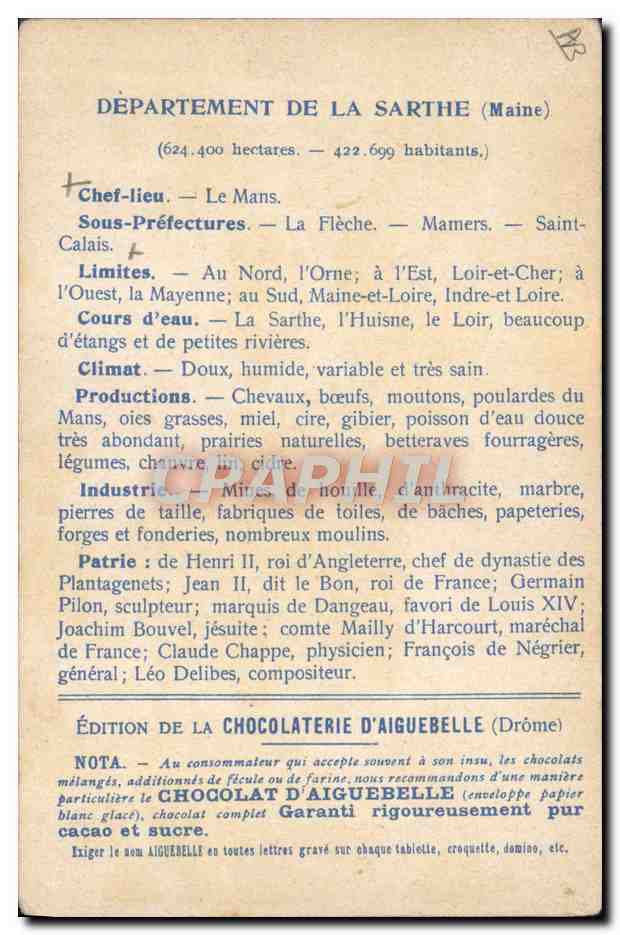 CPA Carte geographique Chocolaterie d'Aiguebelle Sarthe — Rückseite