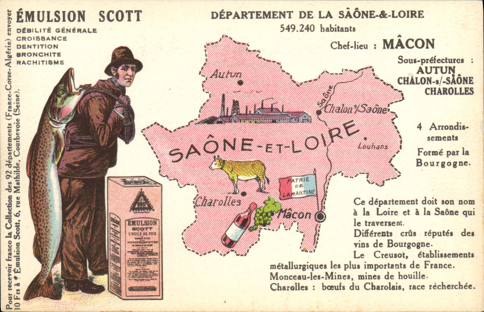 Département de la Saône-et-Loire — carte publicitaire pour l'émulsion Scott — éditeur : Collection Scott