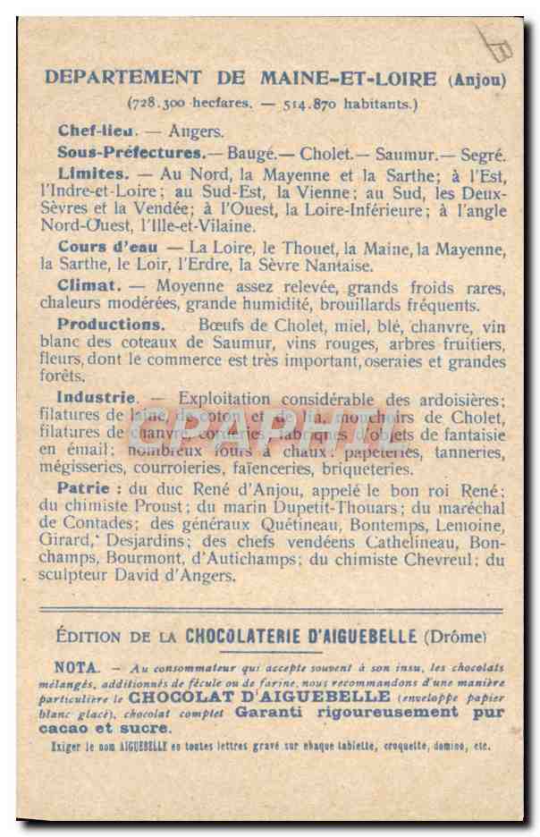 CPA Carte geographique Chocolaterie d'Aiguebelle Maine et Loire  — Rückseite