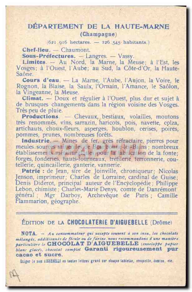 CPA Carte geographique Chocolaterie d'Aiguebelle Haute Marne — Rückseite