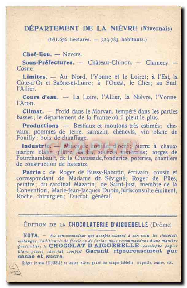 Les Départements : Nièvre — Édition de la Chocolaterie d'Aiguebelle — Rückseite