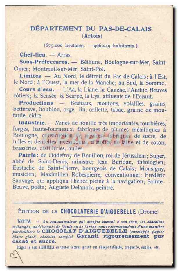 Les Départements : PAS-DE-CALAIS — Édition de la CHOCOLATERIE D'AIGUEBELLE — Rückseite