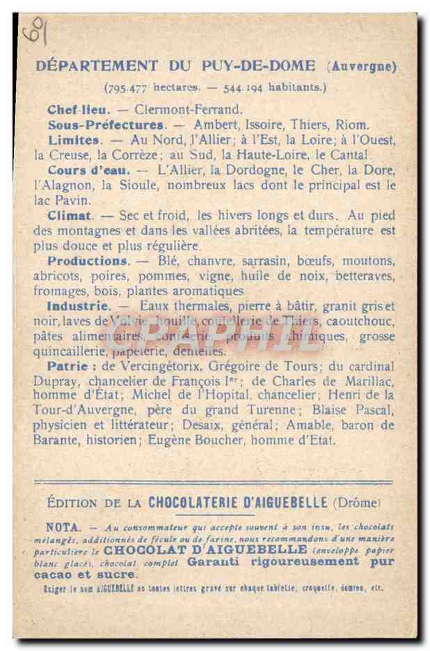 CPA Carte geographique Chocolaterie d'Aiguebelle Puy-de-Dome Puy de Sancy — Rückseite