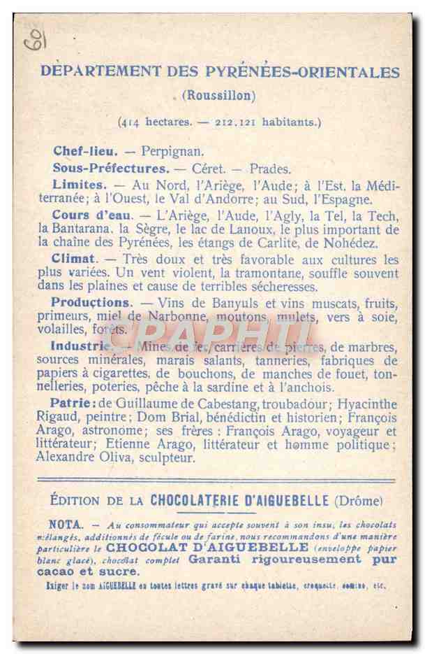 CPA Carte geographique Chocolaterie d'Aiguebelle Pyrenees Orientales Castillet de Perpignan — Rückseite