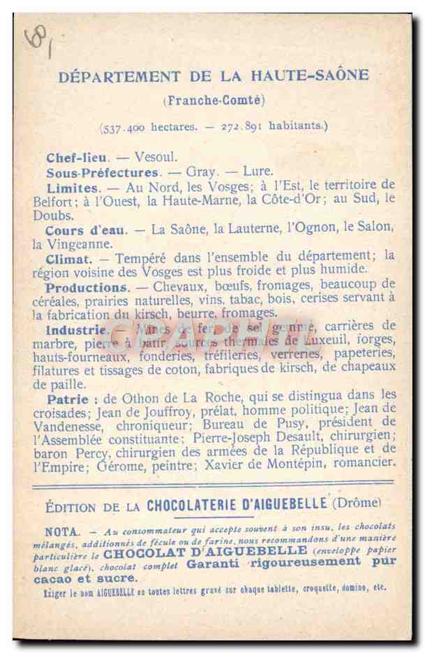 CPA Carte geographique Chocolaterie d'Aiguebelle Haute-Saone Luxeuil — Rückseite