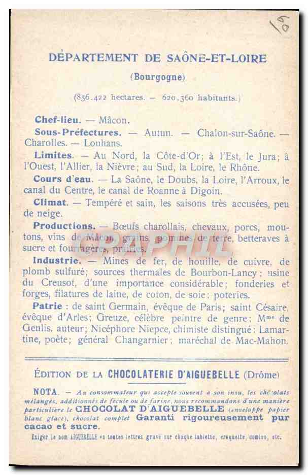 CPA Carte geographique Chocolaterie d'Aiguebelle Saone et Loire  — Rückseite