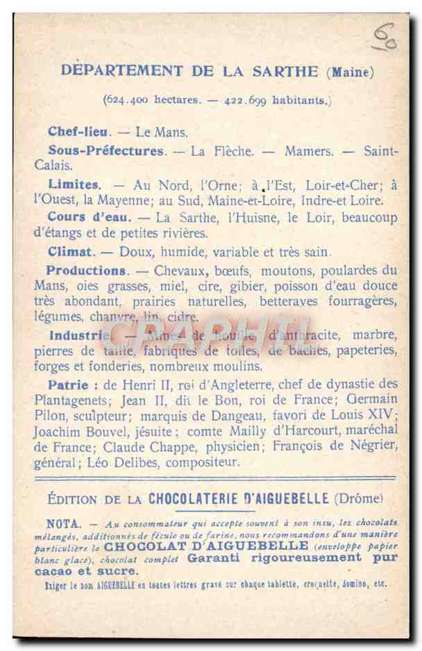 CPA Carte geographique Chocolaterie d'Aiguebelle Sarthe Le Mans  — Rückseite