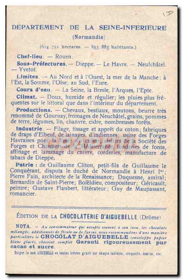 CPA Carte geographique Chocolaterie d'Aiguebelle Seine Inferieure Grosse horloge du roi Rouen — Rückseite