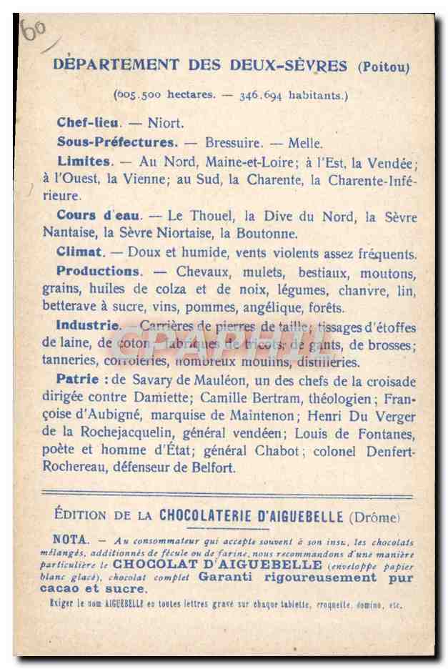 Les Départements : DEUX-SÈVRES — Édition de la CHOCOLATERIE D'AIGUEBELLE — Rückseite