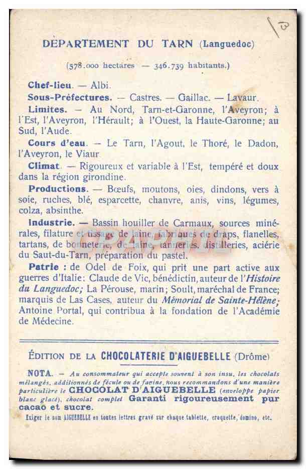 Die Departements: TARN — Karte des Departements Tarn — Edition der Schokoladenfabrik Aiguebelle — Rückseite