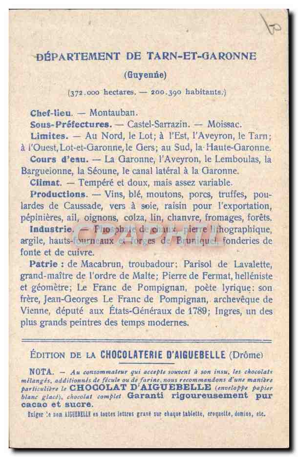 CPA Carte geographique Chocolaterie d'Aiguebelle Tarn et Garonne Moissac — Verso