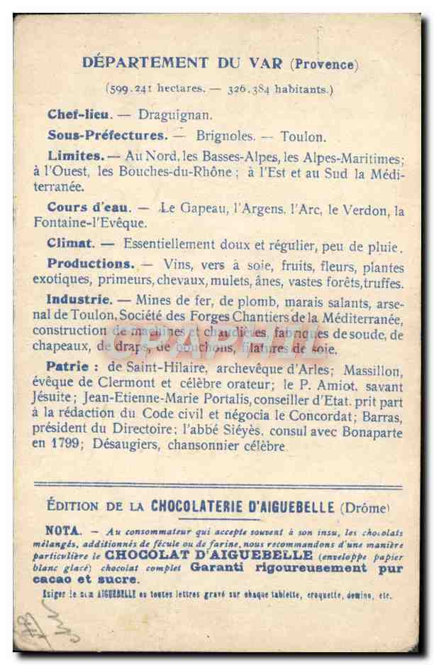 CPA Carte geographique Chocolaterie d'Aiguebelle Var — Rückseite