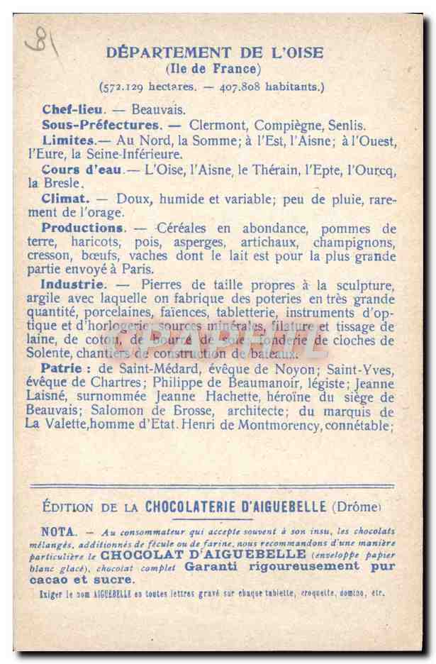 CPA Carte geographique Chocolaterie d'Aiguebelle Oise Chateau de Pierrefonds  — Rückseite