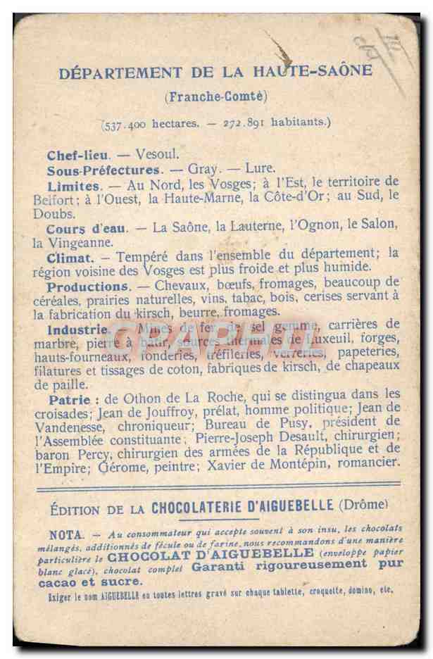 CPA Carte geographique Chocolaterie d'Aiguebelle Haute-Saone Luxeuil — Back