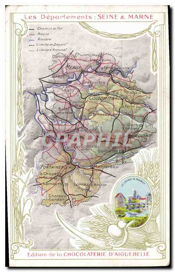 Tarjeta postal antigua Carta geográfica Chocolaterie d'Aiguebelle Seine et Marne