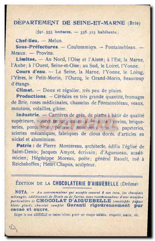 Tarjeta postal antigua Carta geográfica Chocolaterie d'Aiguebelle Seine et Marne — Reverso