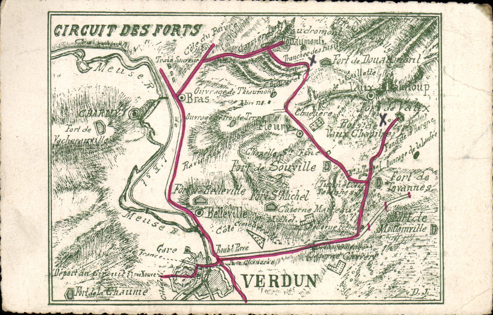 Tarjeta postal antigua Carta geográfica Circuit des forts de Verdun Millitaria