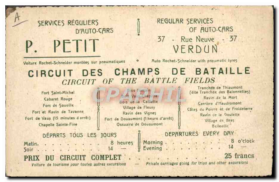Tarjeta postal antigua Carta geográfica Circuit des forts de Verdun Millitaria — Reverso