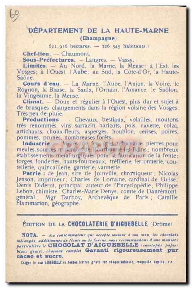 CPA Carte geographique Chocolaterie d'Aiguebelle Haute-Marne Chaumont — Rückseite